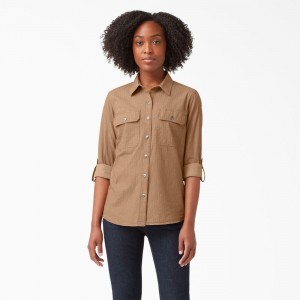 Brown Women's Dickies Long Sleeve Roll-Tab Work Shirts | BAN367215