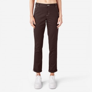 Brown Women's Dickies Slim Straight Fit Roll Hem Carpenter Pants | KZC156892