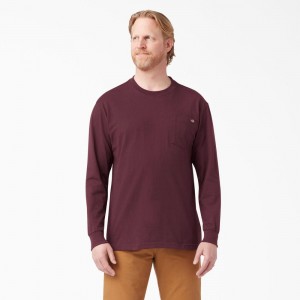 Burgundy Men's Dickies Heavyweight Long Sleeve Pocket T-Shirt | ZWP462195