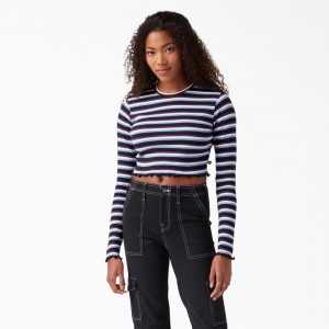 Burgundy Women's Dickies Striped Long Sleeve Cropped T-Shirt | KZG075146