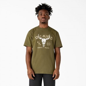 Green Men's Dickies Bull Skull Heavyweight T-Shirt | AHT943105