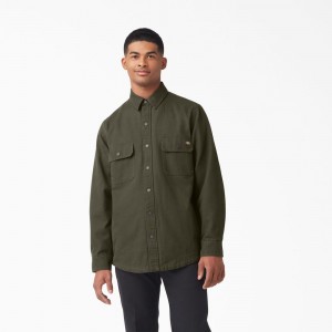 Green Men's Dickies Long Sleeve Flannel-Lined Duck Shirt | UGE376524