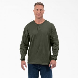 Green Men's Dickies Long Sleeve Henley T-Shirt | UQL526384