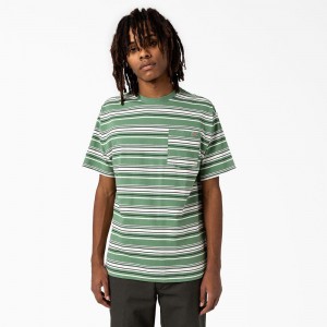 Green Men's Dickies Relaxed Fit Striped Pocket T-Shirt | OBF768392