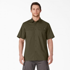 Green Men's Dickies Short Sleeve Ripstop Work Shirts | ZXU652480