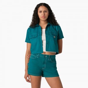 Green Women's Dickies Cropped Work Shirts | PCT314897