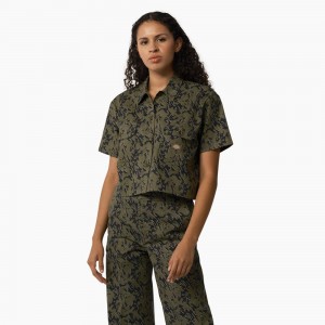 Green Women's Dickies Drewsey Camo Cropped Work Shirts | ROL703489