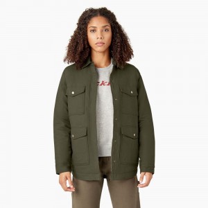 Green Women's Dickies Duck High Pile Fleece Lined Chore Coat Jacket | QNA174093