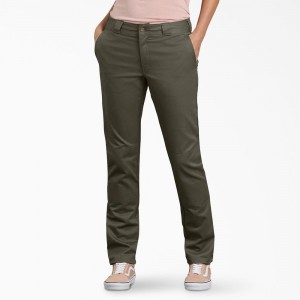 Green Women's Dickies FLEX Slim Fit Double Knee Pants | BWH293608