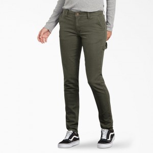 Green Women's Dickies FLEX Slim Fit Duck Carpenter Pants | FYS032754