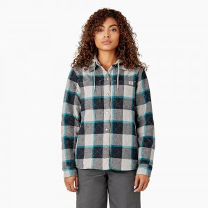 Green Women's Dickies Flannel Hooded Shirt Jacket | MSD632087