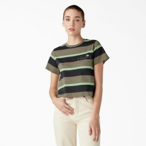 Green Women's Dickies Large Striped Cropped Pocket T-Shirt | QWE014736