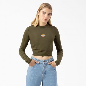 Green Women's Dickies Maple Valley Logo Long Sleeve Cropped T-Shirt | IRK273849