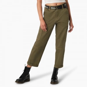 Green Women's Dickies Relaxed Fit Contrast Stitch Cropped Cargo Pants | JML461532