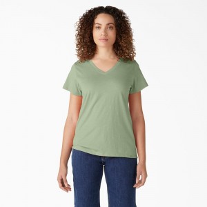 Green Women's Dickies Short Sleeve V-Neck T-Shirt | ZYX143829