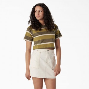 Green Women's Dickies Striped Cropped Pocket T-Shirt | RYU580761