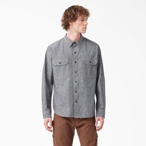 Grey Men's Dickies 1922 Long Sleeve Work Shirts | EDO769801