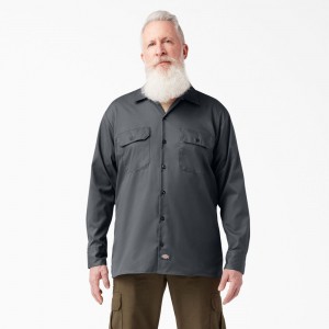 Grey Men's Dickies FLEX Relaxed Fit Long Sleeve Work Shirts | JHZ513607