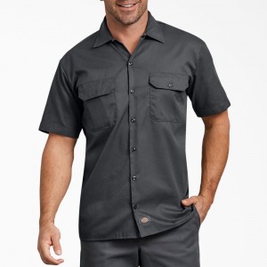 Grey Men's Dickies FLEX Relaxed Fit Short Sleeve Work Shirts | MEQ257138