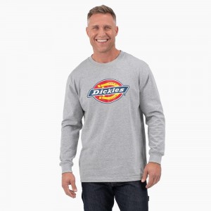 Grey Men's Dickies Tri-Color Logo Graphic Long Sleeve T-Shirt | HQX142095