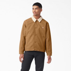 Khaki Men's Dickies Duck Canvas High Pile Fleece Jacket | ELT491637