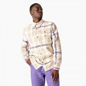 Khaki Men's Dickies Nimmons Plaid Long Sleeve Shirt | YQP890761