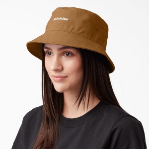 Khaki Men's Dickies Script Logo Canvas Bucket Hat | VGU183497