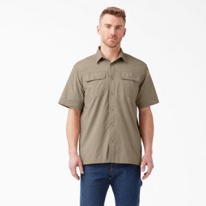 Khaki Men's Dickies Short Sleeve Ripstop Work Shirts | GYJ470513