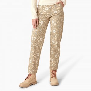 Khaki Women's Dickies Ellis Floral Duck Canvas Pants | SZD036845