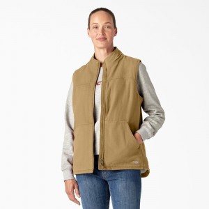 Khaki Women's Dickies Fleece Lined Duck Canvas Vest | HFK296371