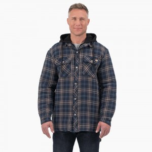 Navy Men's Dickies Flannel Hooded Shirt Jacket | DSA910268