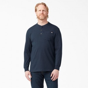 Navy Men's Dickies Heavyweight Long Sleeve Henley T-Shirt | LAD549302