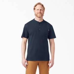 Navy Men's Dickies Heavyweight Short Sleeve Henley T-Shirt | HZU176354