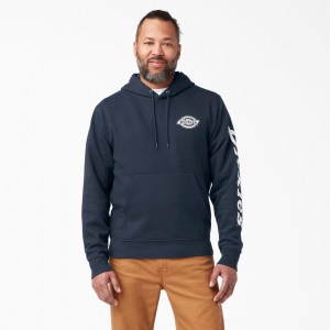 Navy Men's Dickies Logo Sleeve Fleece Hoodie | EUI824071