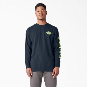 Navy Men's Dickies Long Sleeve Heavyweight Logo T-Shirt | NZW928630