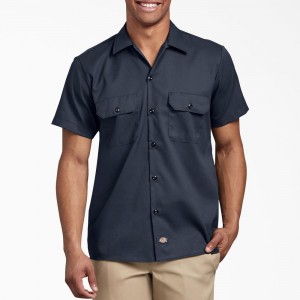 Navy Men's Dickies Slim Fit Short Sleeve Work Shirts | COZ104956