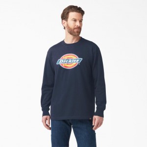 Navy Men's Dickies Tri-Color Logo Graphic Long Sleeve T-Shirt | VMO375984