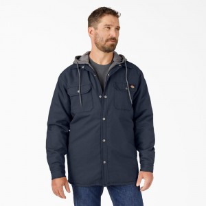 Navy Men's Dickies Water Repellent Duck Hooded Shirt Jacket | HON174826