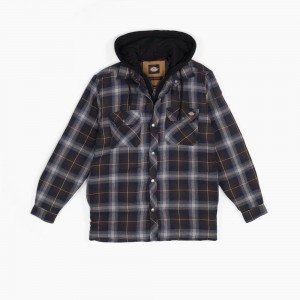 Navy Men's Dickies Water Repellent Flannel Hooded Shirt Jacket | SPJ189724