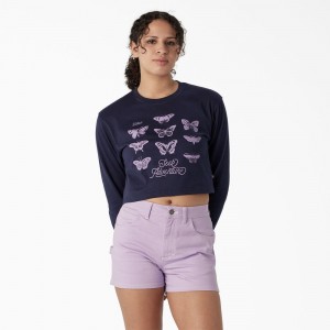 Navy Women's Dickies Butterfly Graphic Long Sleeve Cropped T-Shirt | TUM865491