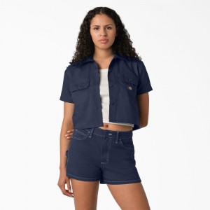 Navy Women's Dickies Cropped Work Shirts | MOG390472