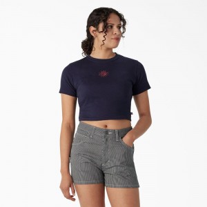 Navy Women's Dickies Embroidered Cropped Baby T-Shirt | MPA489635