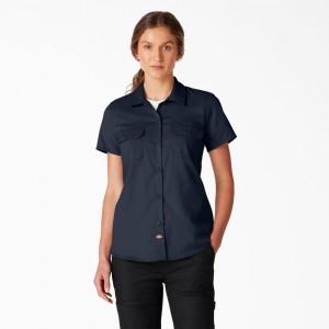 Navy Women's Dickies FLEX Short Sleeve Work Shirts | TPX160742