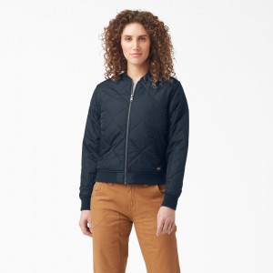 Navy Women's Dickies Quilted Bomber Jacket | WKU371459