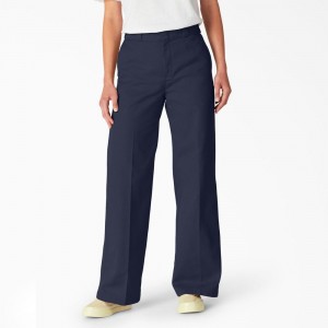 Navy Women's Dickies Regular Fit Wide Leg Work Pants | WAQ013452