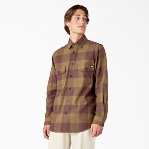 Olive Men's Dickies Long Sleeve Flannel Shirt | UTC794281