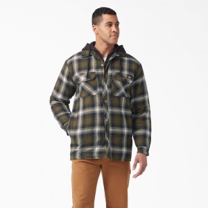 Olive Men's Dickies Water Repellent Flannel Hooded Shirt Jacket | JGS586307