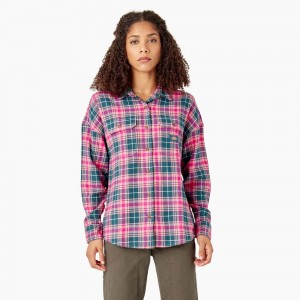 Pink Women's Dickies Long Sleeve Flannel Shirt | OXW264309