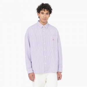 Purple Men's Dickies Hickory Stripe Long Sleeve Work Shirts | QTZ103495