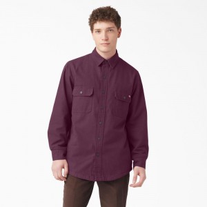 Purple Men's Dickies Long Sleeve Flannel-Lined Duck Shirt | KVO684059